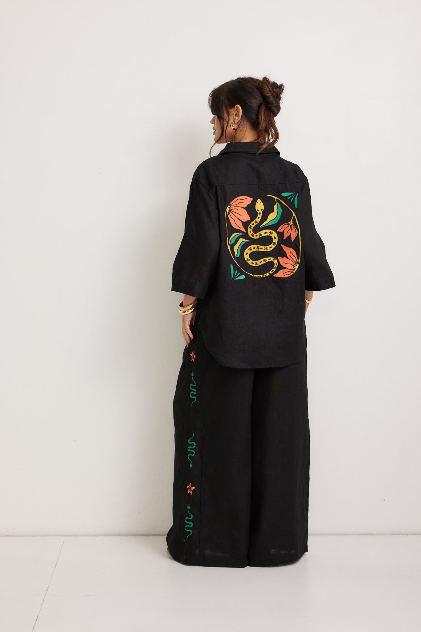 Miranda Embroidered Linen Pants - Black