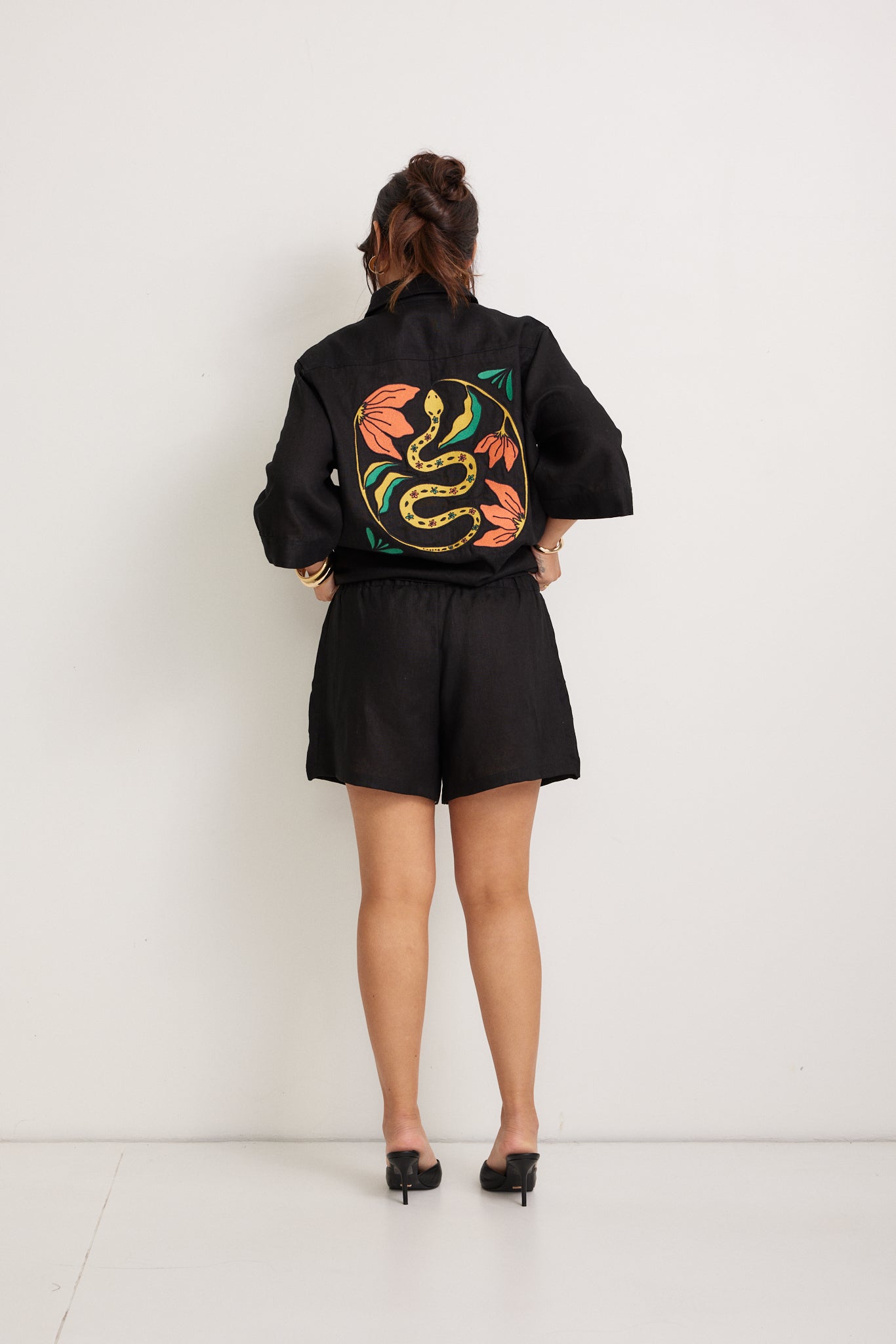 Miranda Embroidered Linen Shorts - Black